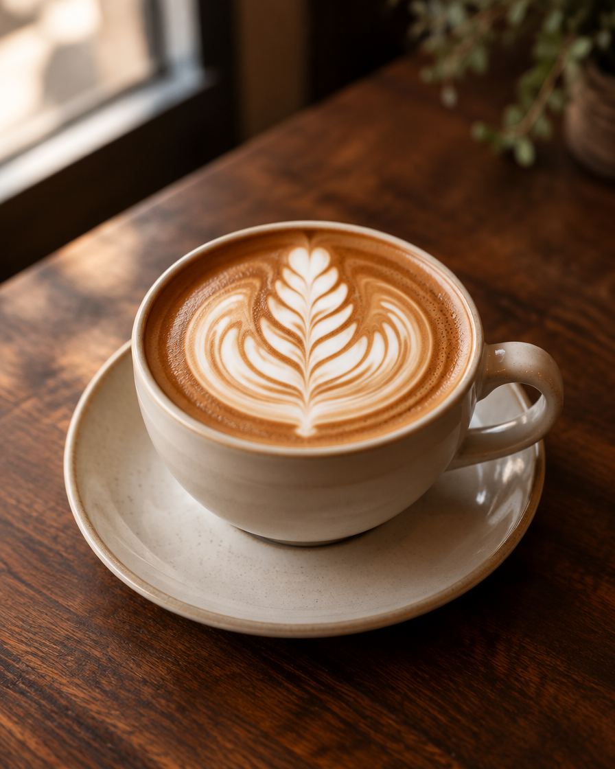 Latte mit Latte Art auf dunklem Holztisch